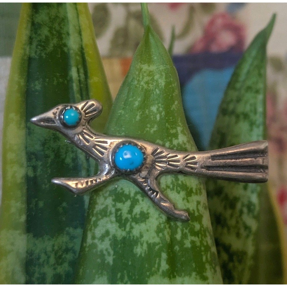 Vintage Sterling Silver Turquoise Navajo Roadrunner Pin Brooch Southwest Stamped